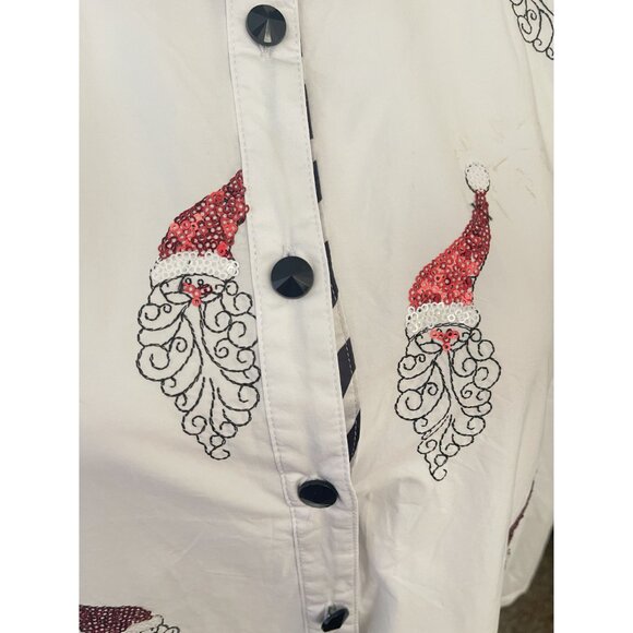 Jack B Quick Button-Down Shirt Red Sequin Santa Striped Collar Accent Women SM - Picture 10 of 14